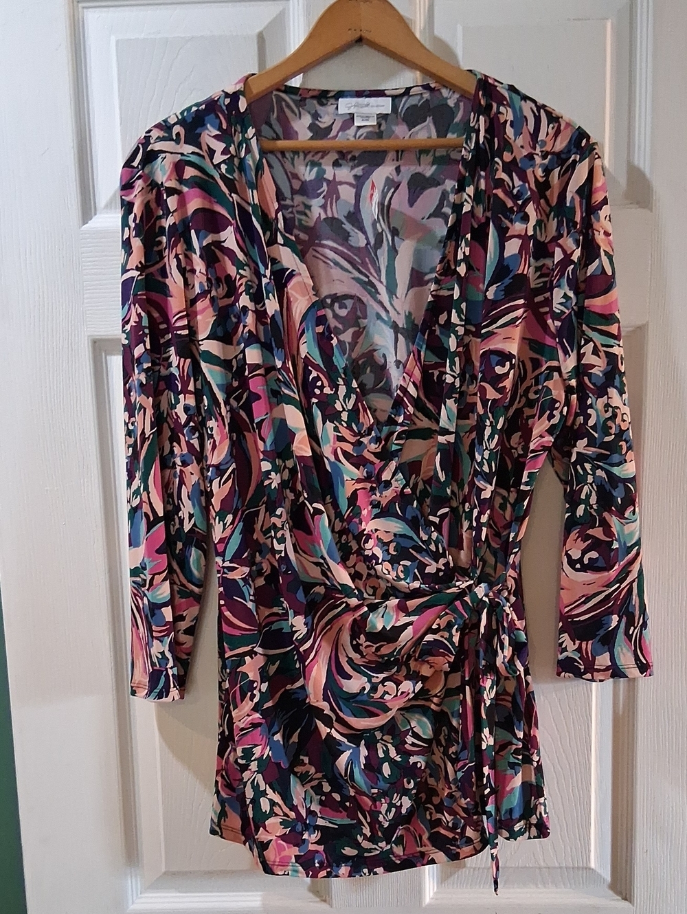 Jaclyn Smith Navy, Pink & Teal Abstract Wrap Tunic Shirt Stretchy